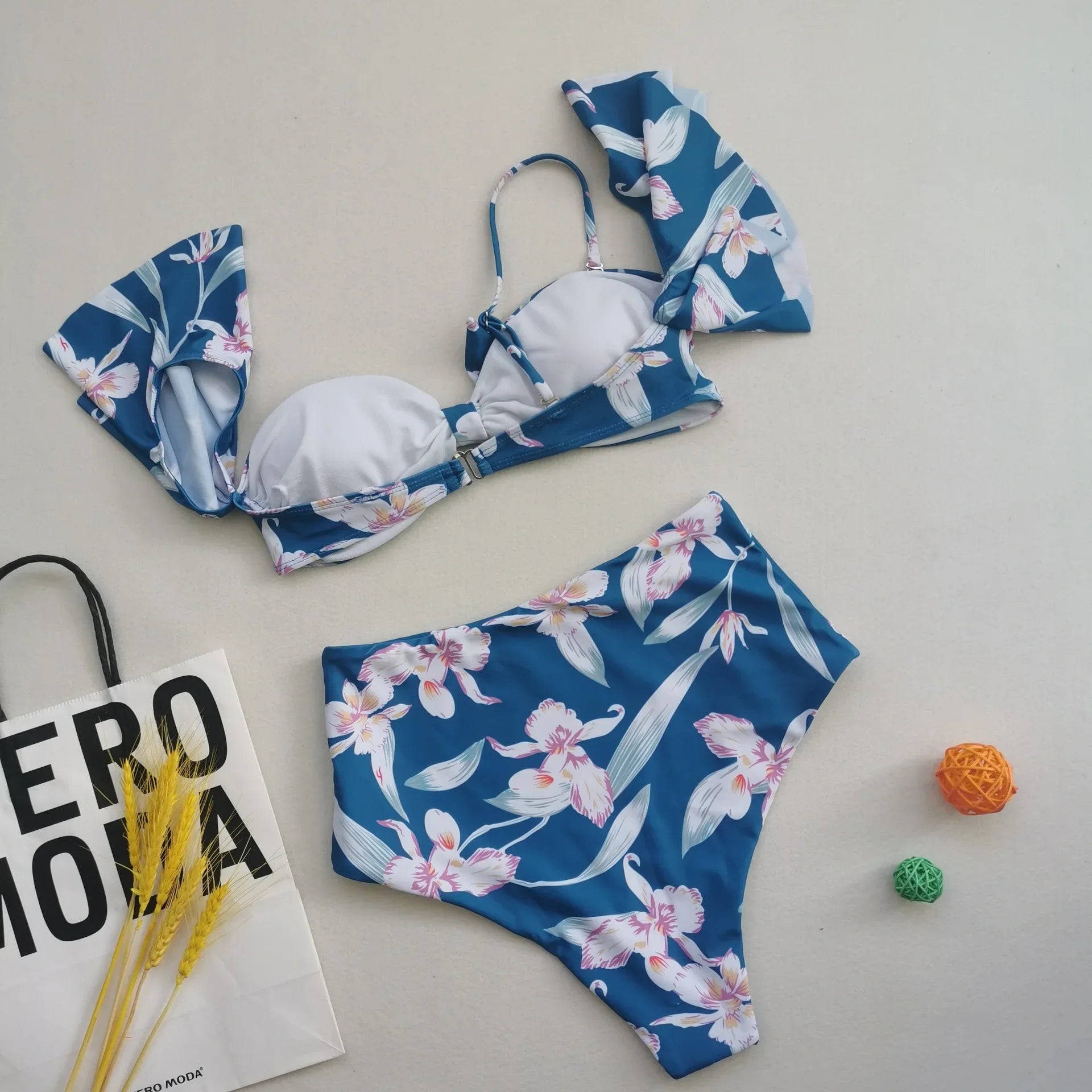 Floral Printed Bikini Oversize 2 Piece Swimsuit Strapless Backless Bathing Suit Ruffle Sleeve Swimwear