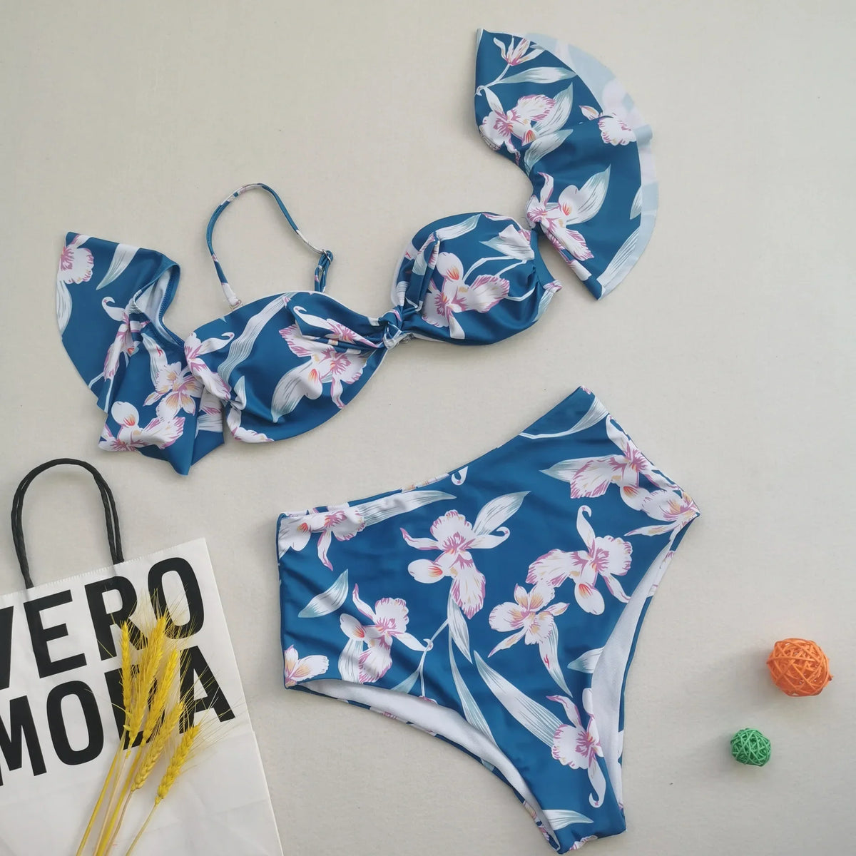 Floral Printed Bikini Oversize 2 Piece Swimsuit Strapless Backless Bathing Suit Ruffle Sleeve Swimwear