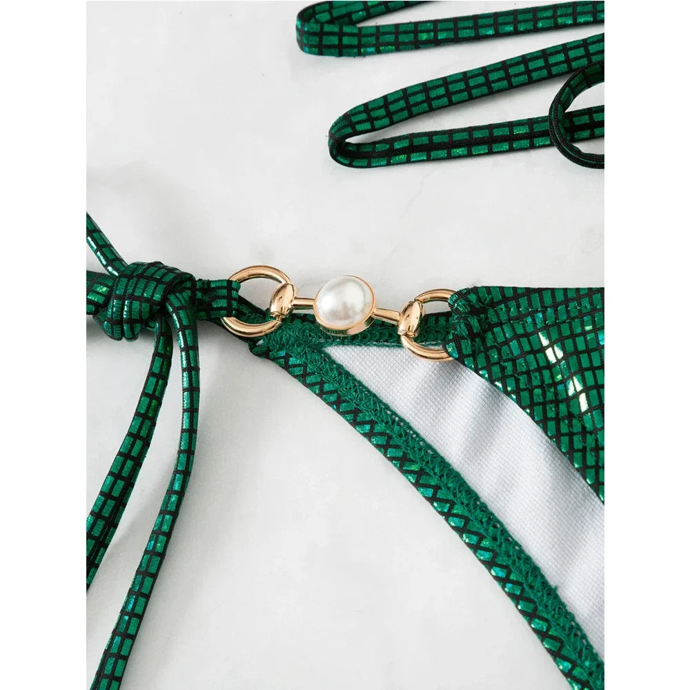 Green Shiny Bikini 2-piece Low Waist Swimsuit Triangle Cup Suspender Backless Bathing Suit Beach Swimwear