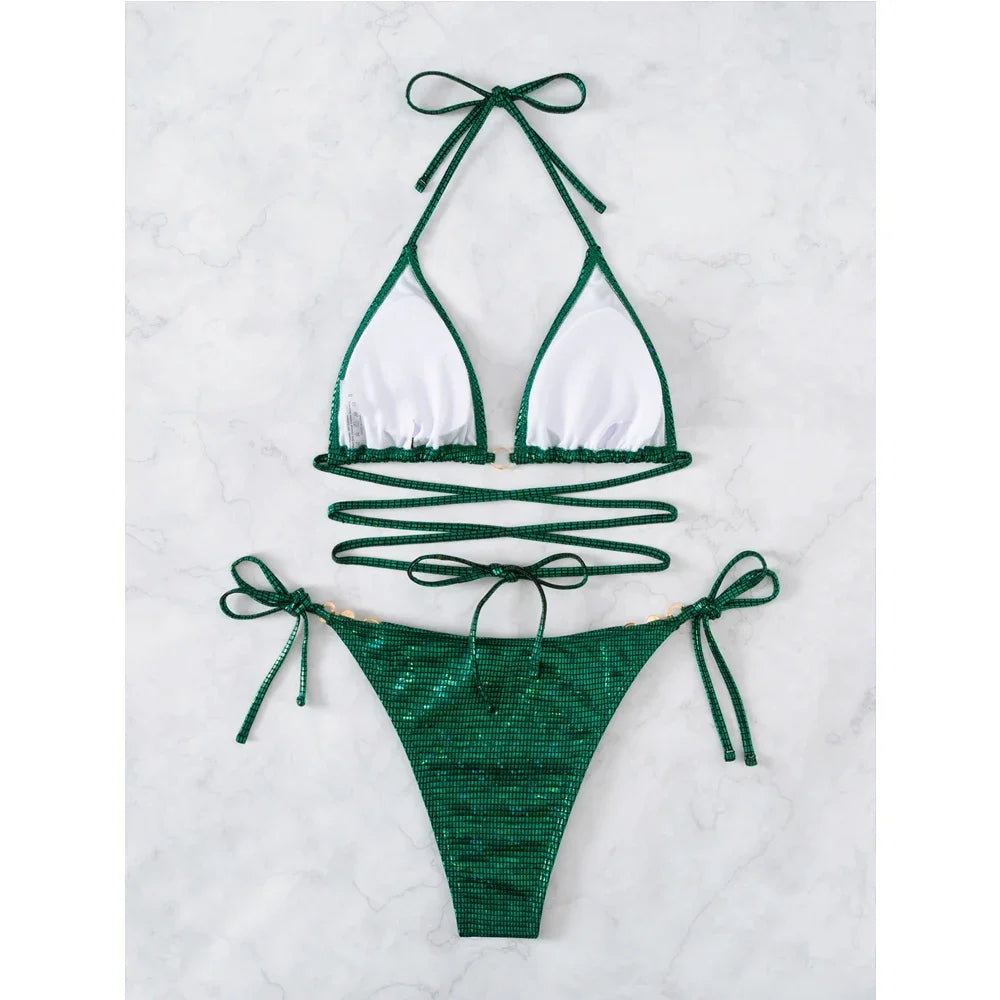 Green Shiny Bikini 2-piece Low Waist Swimsuit Triangle Cup Suspender Backless Bathing Suit Beach Swimwear
