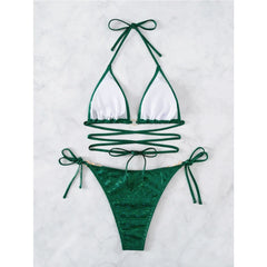 Green Shiny Bikini 2-piece Low Waist Swimsuit Triangle Cup Suspender Backless Bathing Suit Beach Swimwear