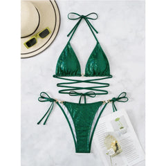 Green Shiny Bikini 2-piece Low Waist Swimsuit Triangle Cup Suspender Backless Bathing Suit Beach Swimwear