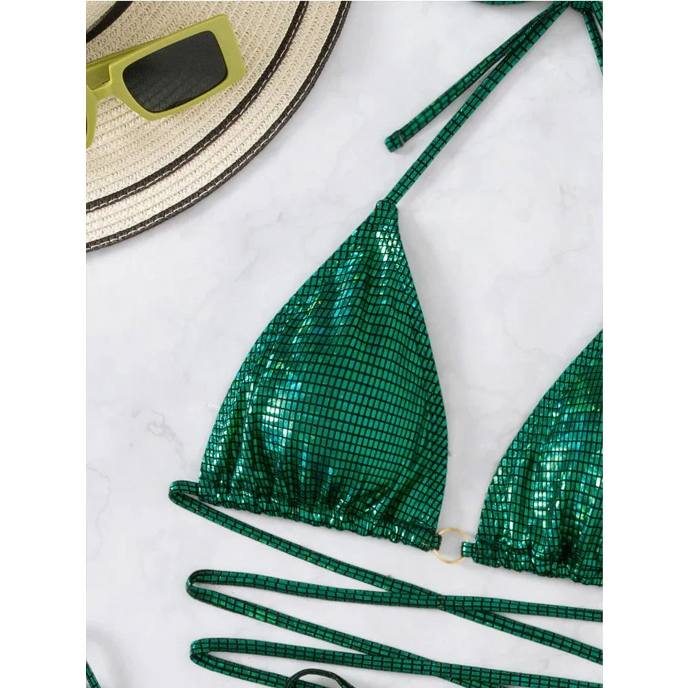 Green Shiny Bikini 2-piece Low Waist Swimsuit Triangle Cup Suspender Backless Bathing Suit Beach Swimwear