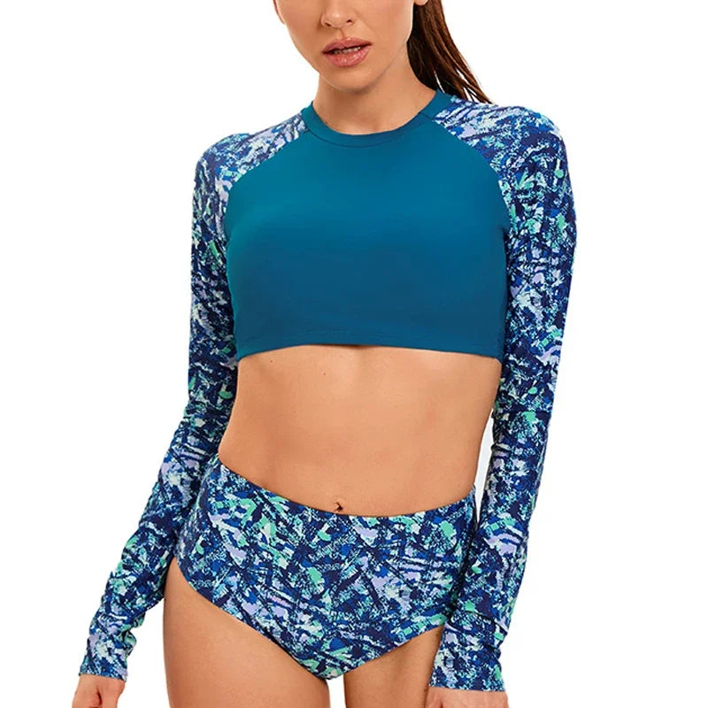 Long Sleeve Print Swimsuit 2-Piece High Waist Surfing Suit Bikini Round Neck Bathing Suit Beach Swimwear