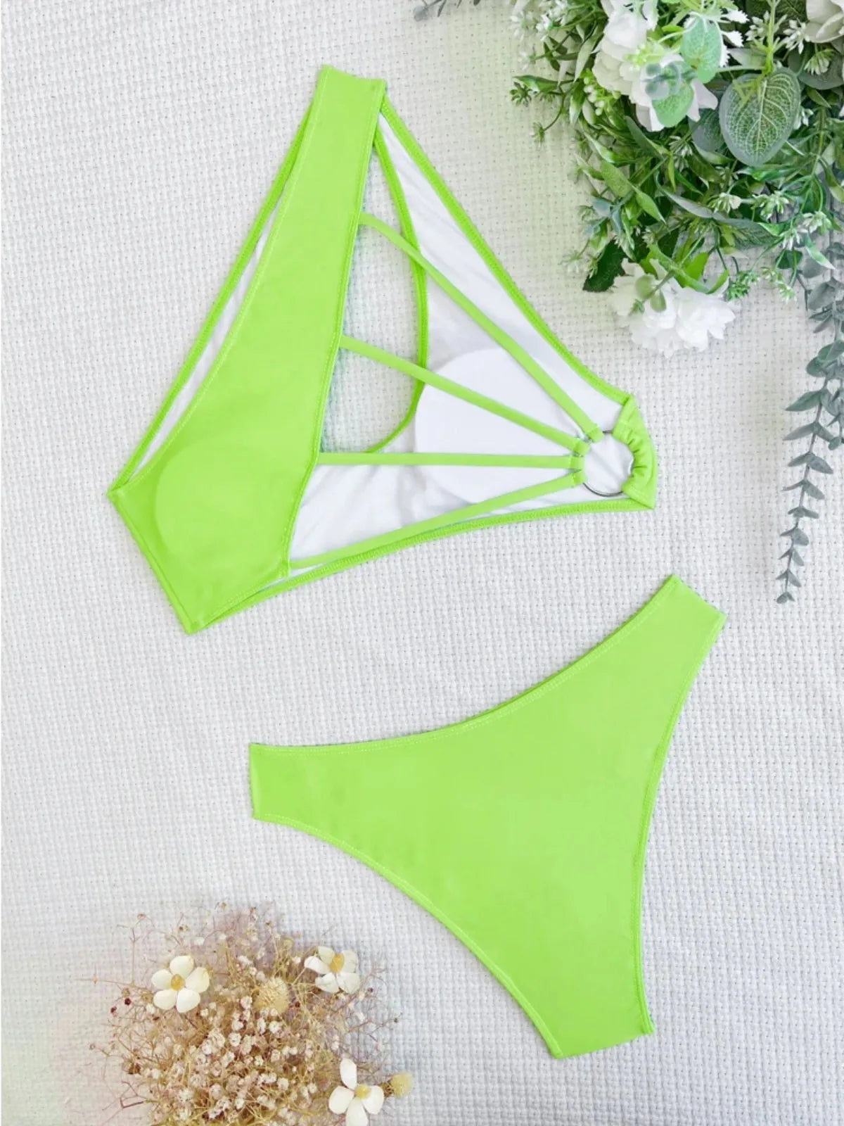 Neon Green Swimsuit High Waist 2-Piece Bikini Single Shoulder Hollow Out Bathing Suit Cross Backless Beachwear