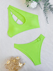 Neon Green Swimsuit High Waist 2-Piece Bikini Single Shoulder Hollow Out Bathing Suit Cross Backless Beachwear