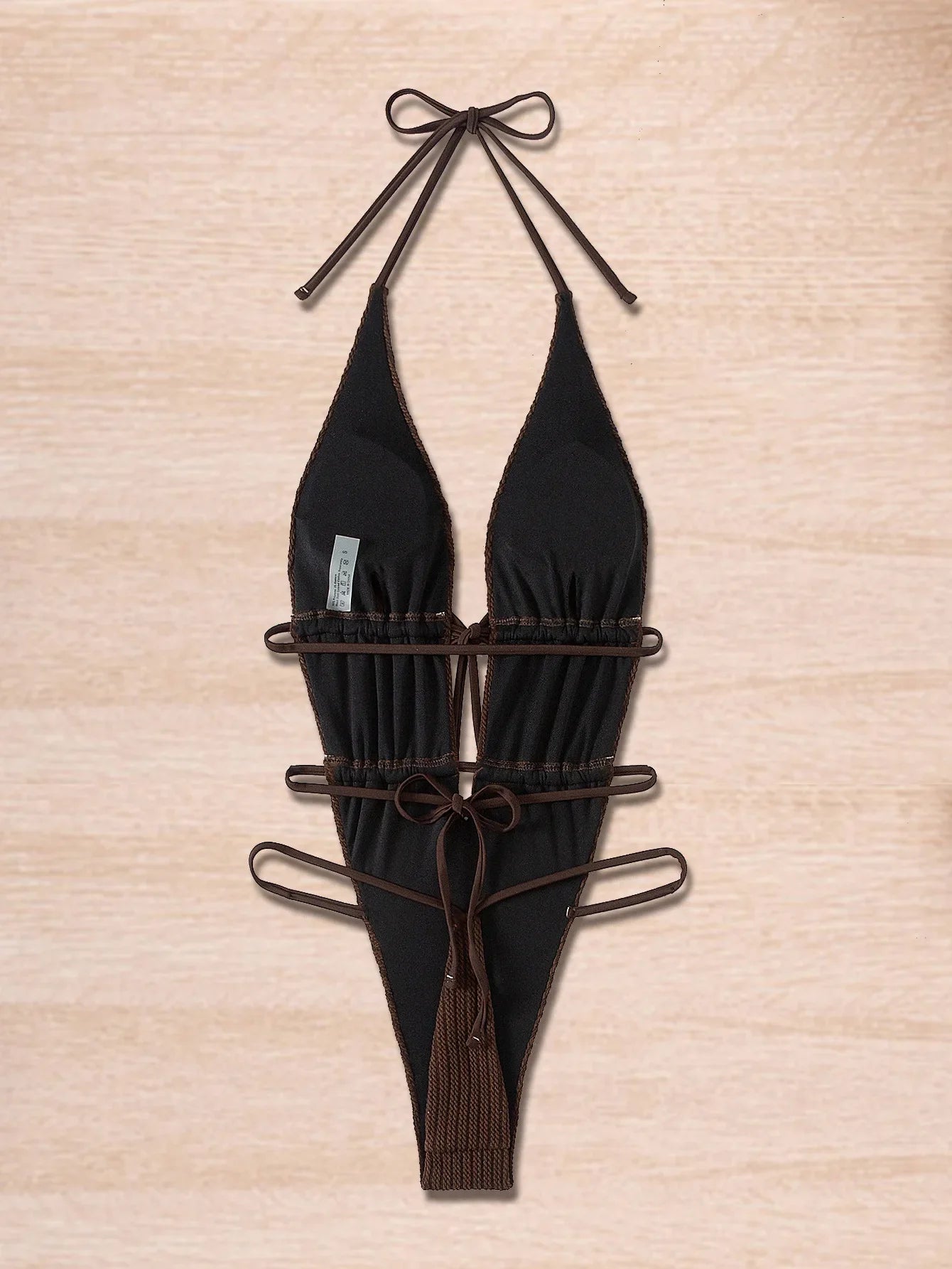 Coffee Bikini Deep V Neck One Piece Swimsuit Cross Bandage Mini Monokini Beach Vacation Backless Swimwear
