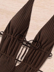 Coffee Bikini Deep V Neck One Piece Swimsuit Cross Bandage Mini Monokini Beach Vacation Backless Swimwear