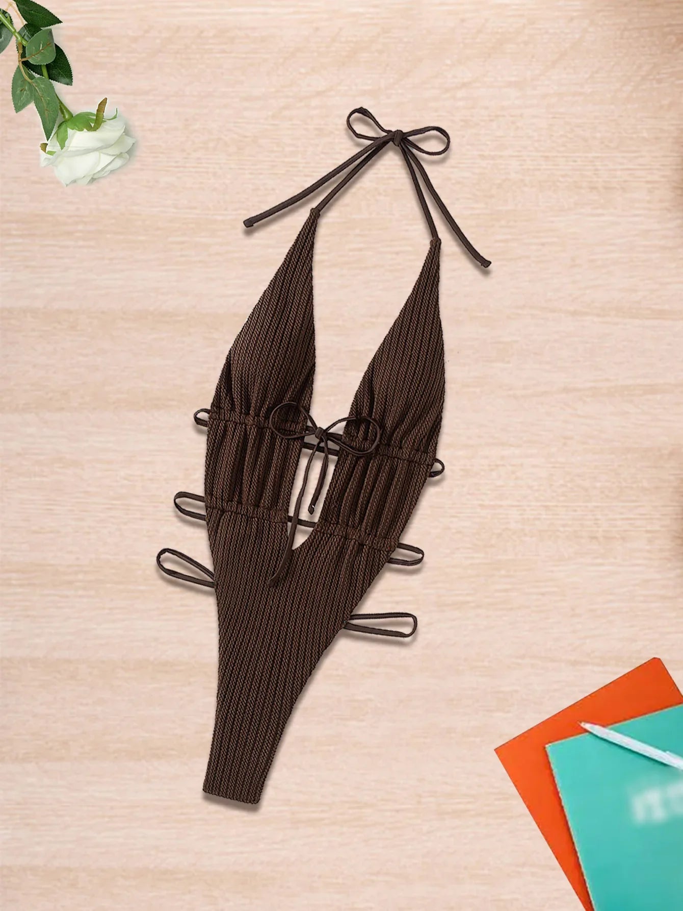 Coffee Bikini Deep V Neck One Piece Swimsuit Cross Bandage Mini Monokini Beach Vacation Backless Swimwear