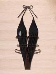 Coffee Bikini Deep V Neck One Piece Swimsuit Cross Bandage Mini Monokini Beach Vacation Backless Swimwear
