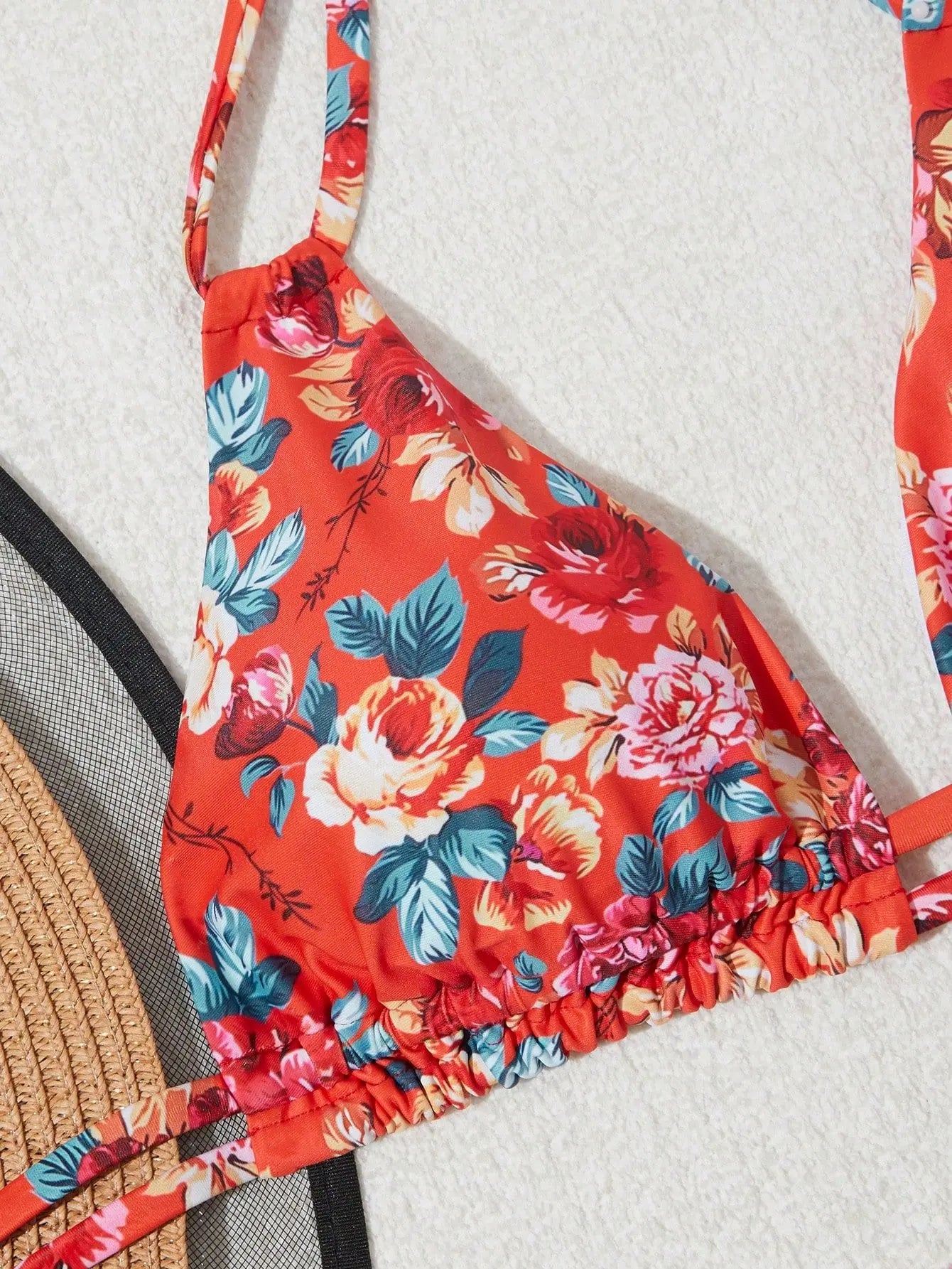 Red Flower Print 2 Piece Swimsuit