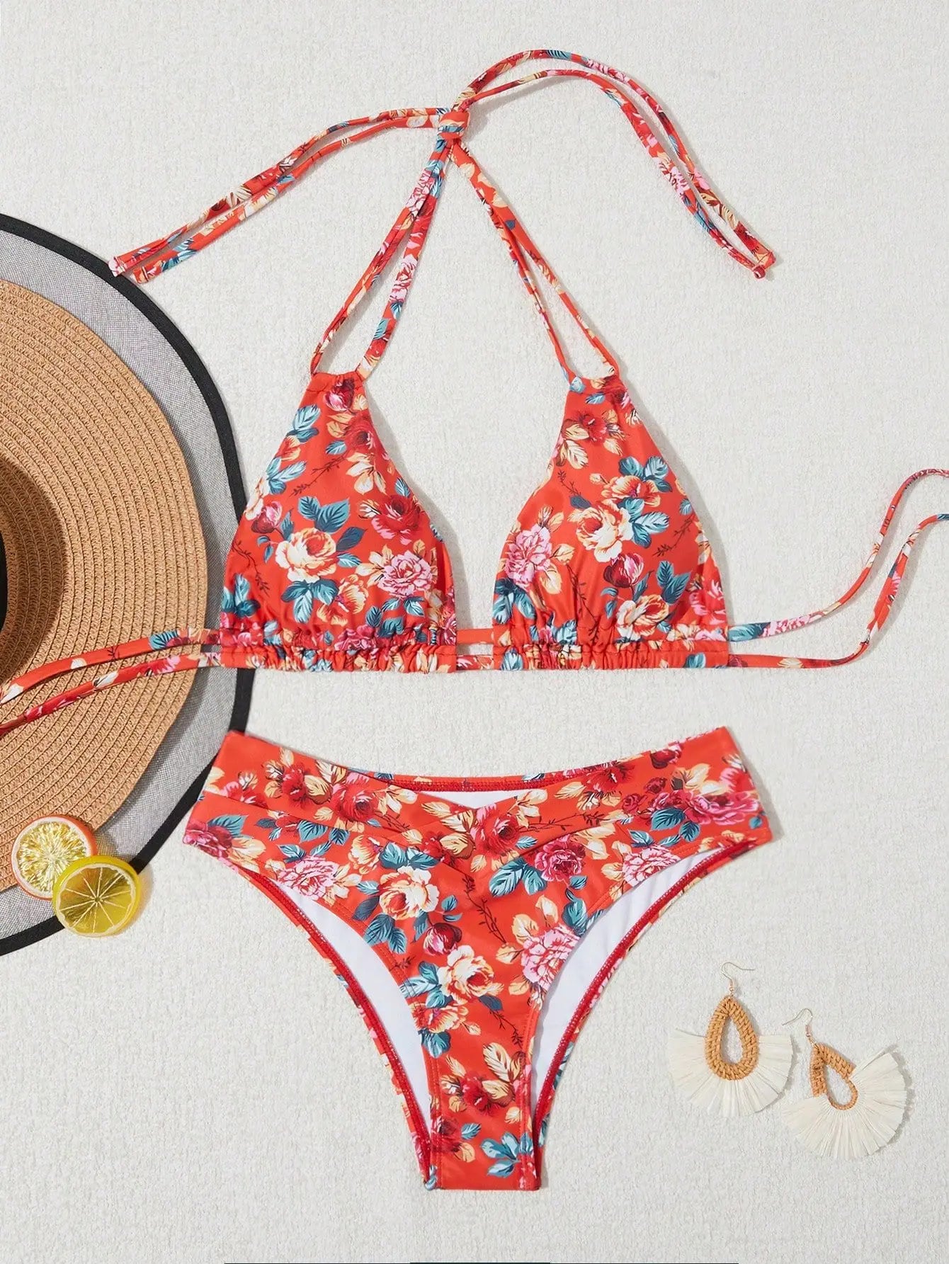 Red Flower Print 2 Piece Swimsuit