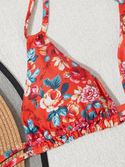 Red Flower Print 2 Piece Swimsuit