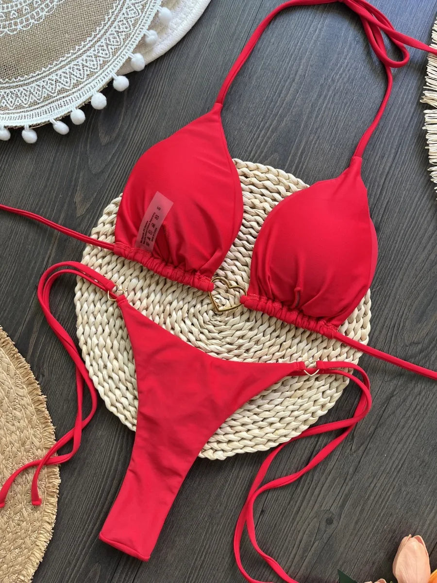 Red Solid Color Bikini Set