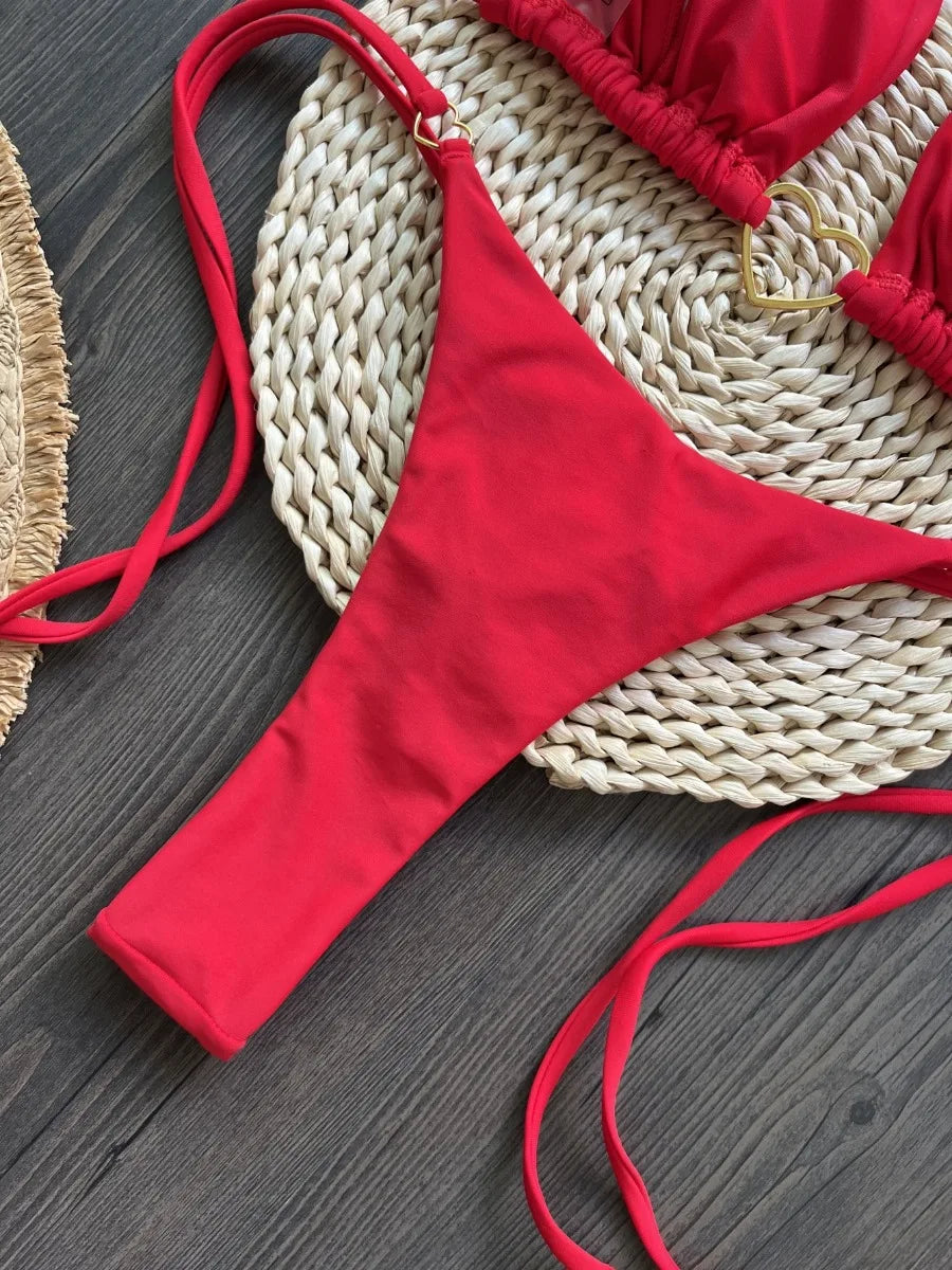 Red Solid Color Bikini Set