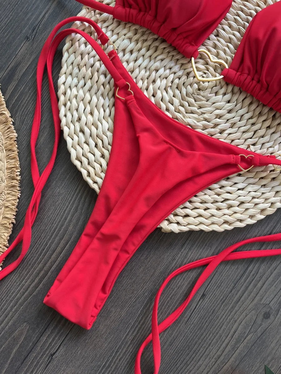 Red Solid Color Bikini Set