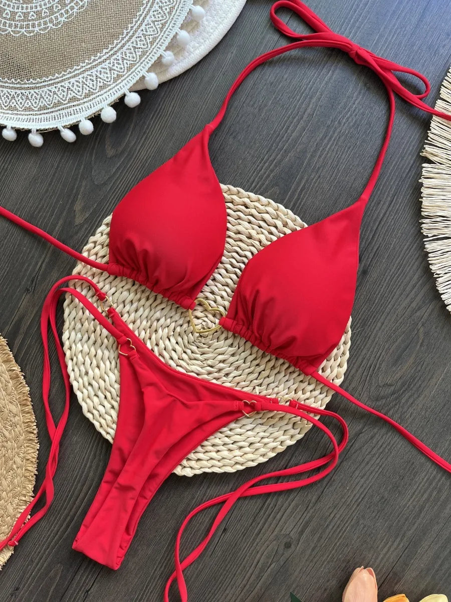 Red Solid Color Bikini Set
