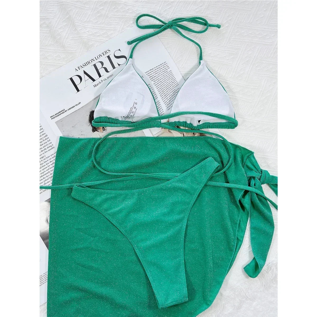 Solid Color Shiny 3-Piece Bikini Triangle Cup Halter Swimsuit Cross Bandage Backless Bathing Suit Skirt Beachwear
