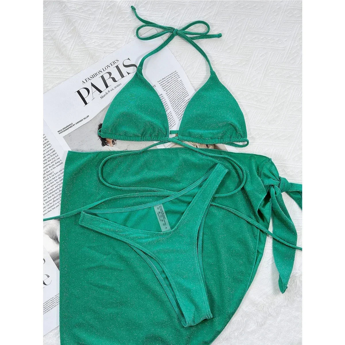 Solid Color Shiny 3-Piece Bikini Triangle Cup Halter Swimsuit Cross Bandage Backless Bathing Suit Skirt Beachwear