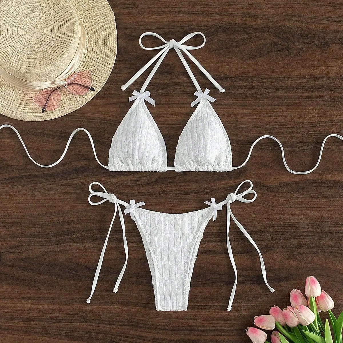 Solid White 2 Piece Swimsuit Bow Push Up Bra Triangle Bikini Set