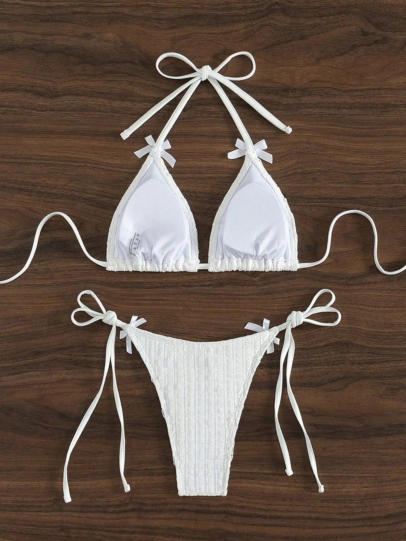Solid White 2 Piece Swimsuit Bow Push Up Bra Triangle Bikini Set