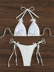 Solid White 2 Piece Swimsuit Bow Push Up Bra Triangle Bikini Set
