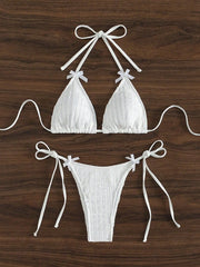 Solid White 2 Piece Swimsuit Bow Push Up Bra Triangle Bikini Set