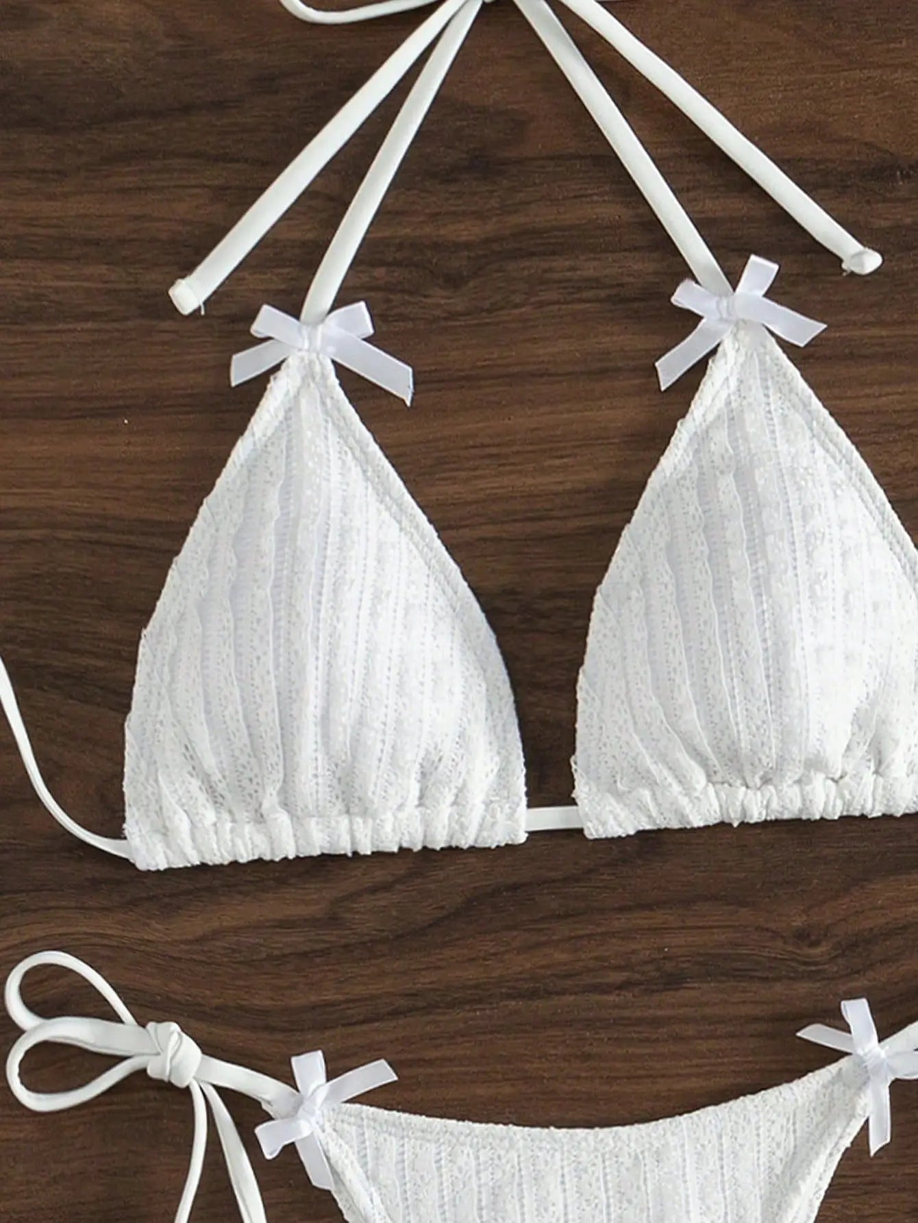 Solid White 2 Piece Swimsuit Bow Push Up Bra Triangle Bikini Set