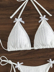 Solid White 2 Piece Swimsuit Bow Push Up Bra Triangle Bikini Set