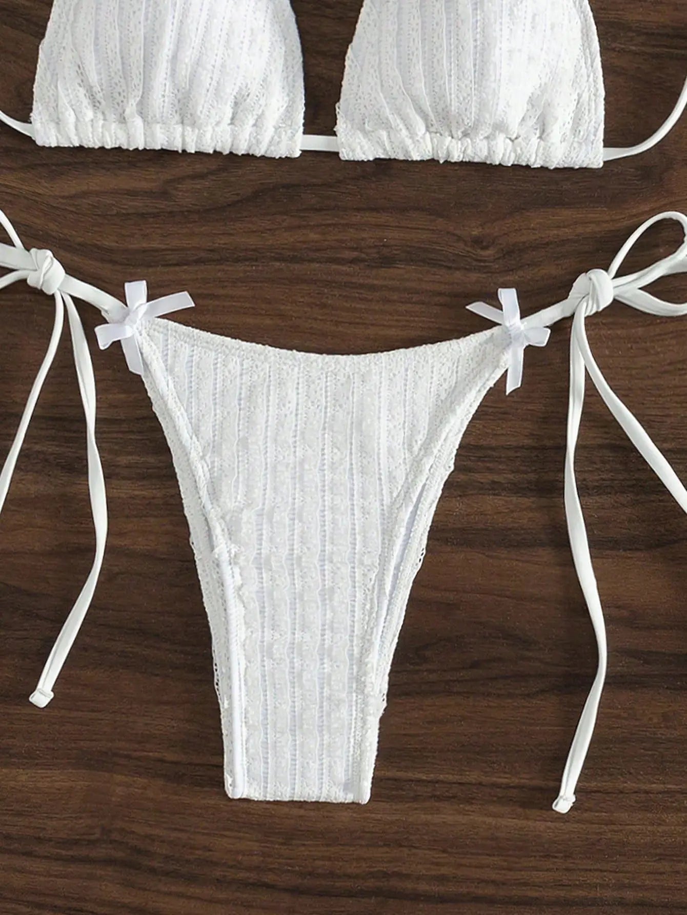 Solid White 2 Piece Swimsuit Bow Push Up Bra Triangle Bikini Set