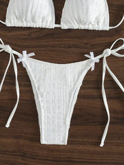 Solid White 2 Piece Swimsuit Bow Push Up Bra Triangle Bikini Set
