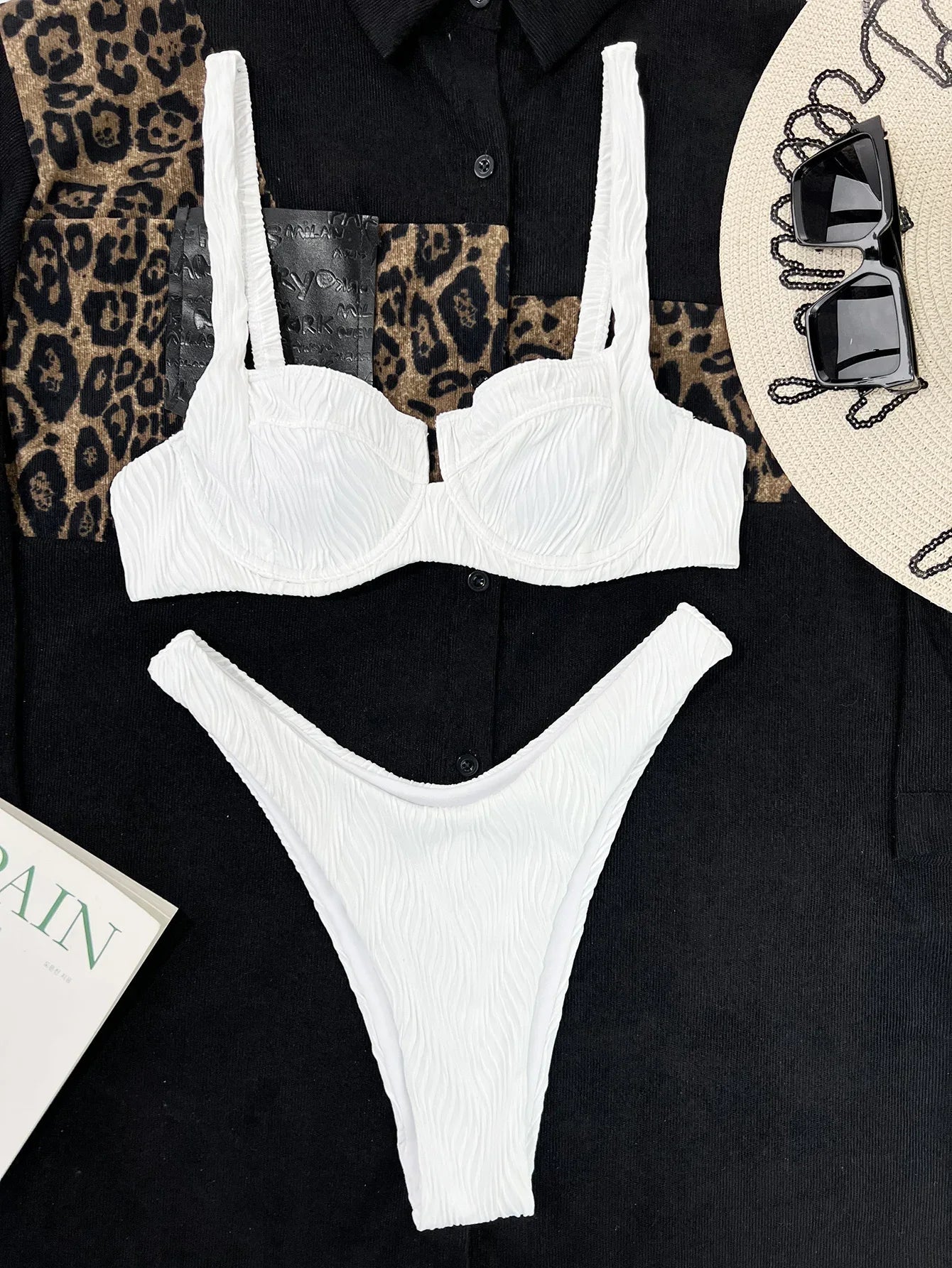 Solid White Swimsuit Woman Underwire U-neck Bikini High Waist Two Piece Swimwear Backless Beach Bathing Suit