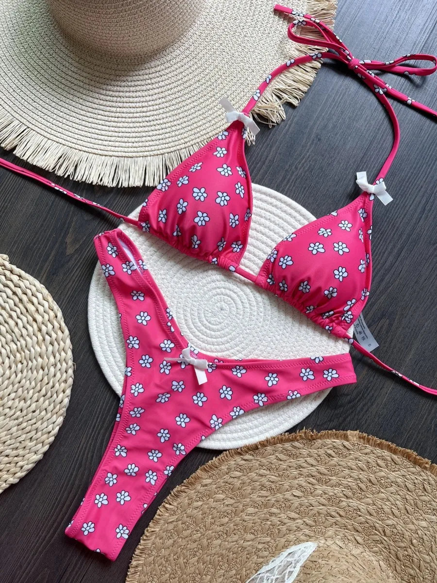 Style Swimsuit Rose Red Flower Print 2 Pieces Bikini Set