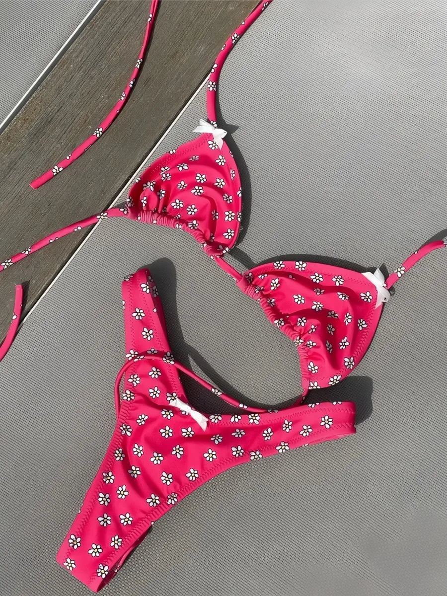 Style Swimsuit Rose Red Flower Print 2 Pieces Bikini Set