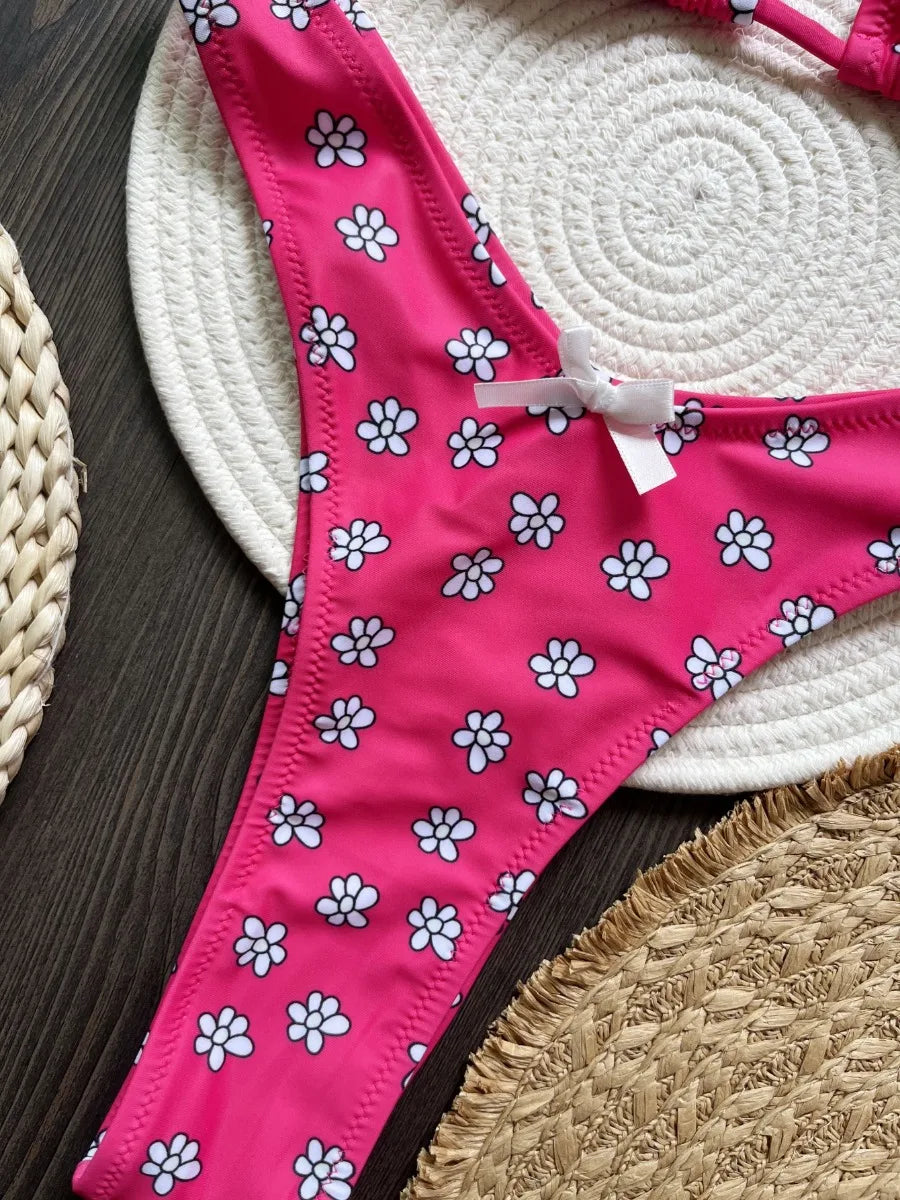 Style Swimsuit Rose Red Flower Print 2 Pieces Bikini Set