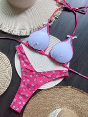 Style Swimsuit Rose Red Flower Print 2 Pieces Bikini Set
