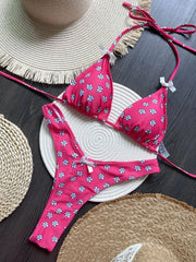 Style Swimsuit Rose Red Flower Print 2 Pieces Bikini Set