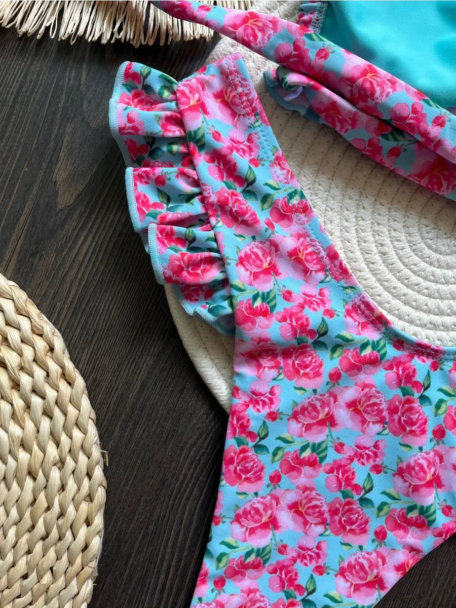Swimsuit Ruffle Flower Print 2 Pieces Bikini Set