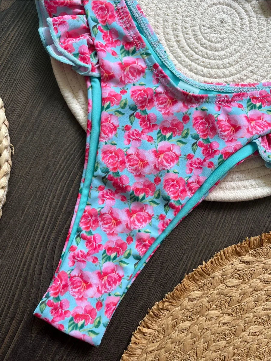 Swimsuit Ruffle Flower Print 2 Pieces Bikini Set