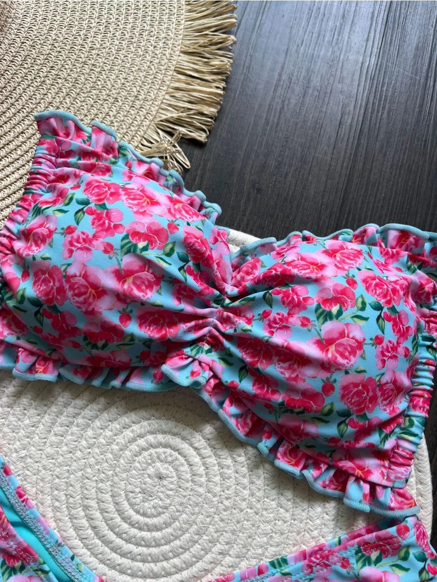 Swimsuit Ruffle Flower Print 2 Pieces Bikini Set
