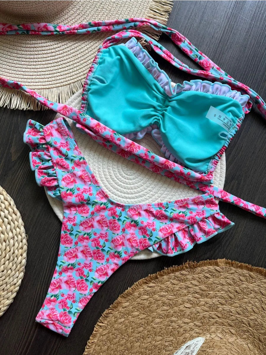 Swimsuit Ruffle Flower Print 2 Pieces Bikini Set
