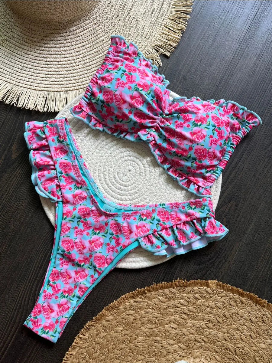 Swimsuit Ruffle Flower Print 2 Pieces Bikini Set