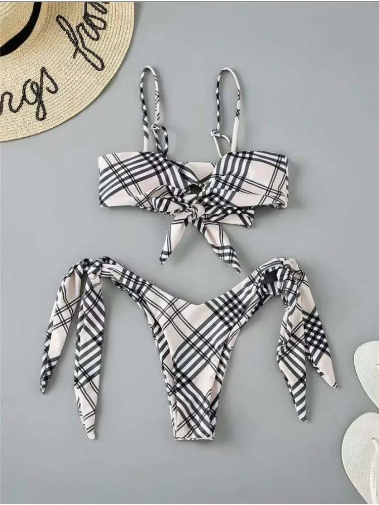 Vintage Plaid Print 2 Piece Swimsuit