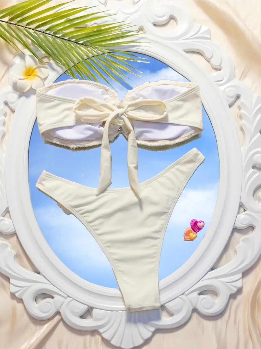 Bikini 3D Flower Hollow Out Strapless Backless Swimsuit White 2 Piece Set