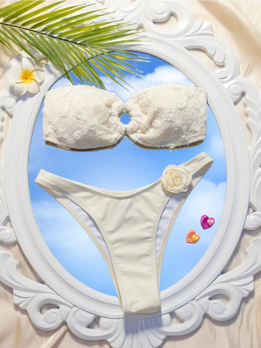 Bikini 3D Flower Hollow Out Strapless Backless Swimsuit White 2 Piece Set