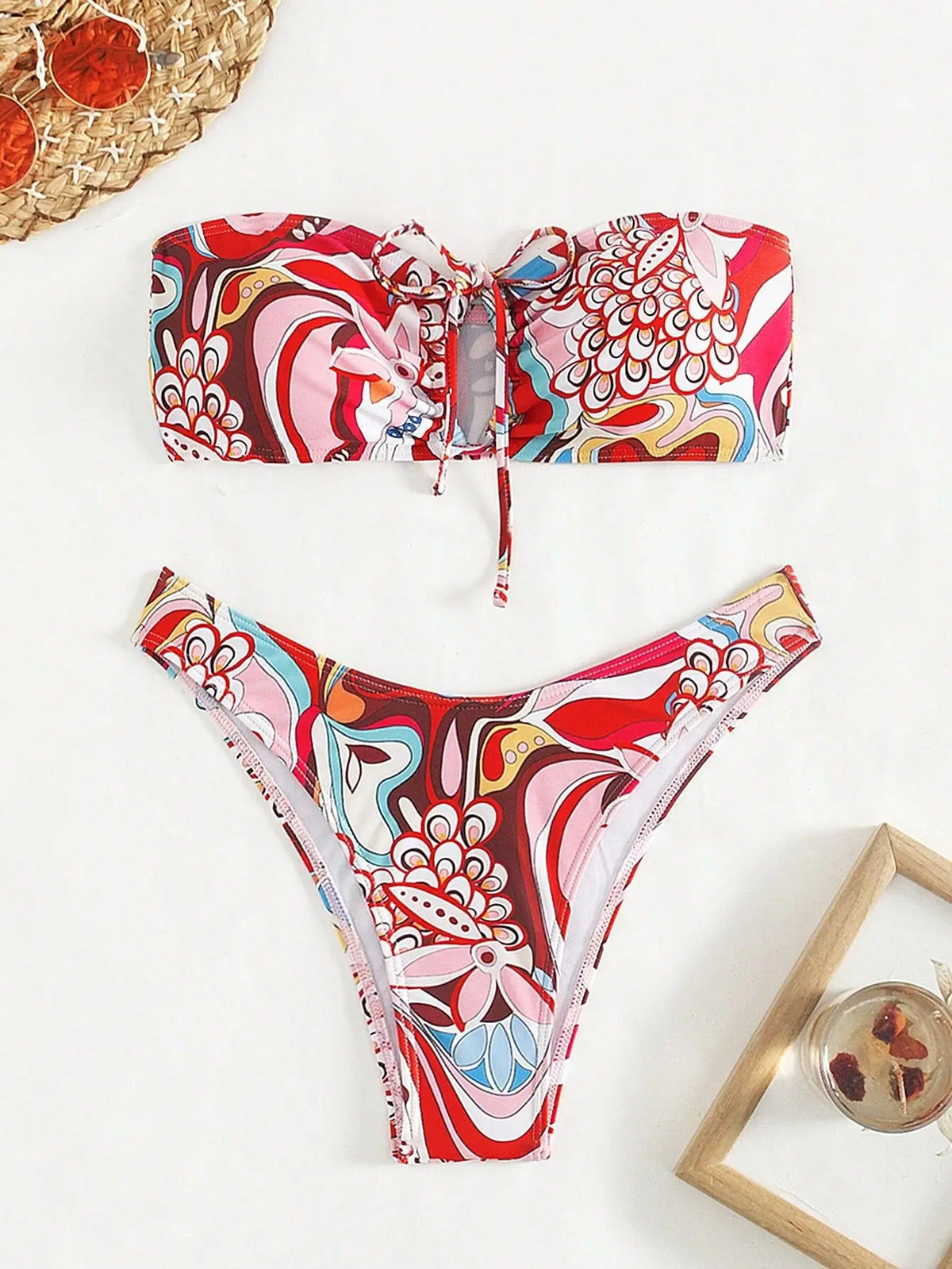 Pink Flower Print 2 Piece Swimsuit