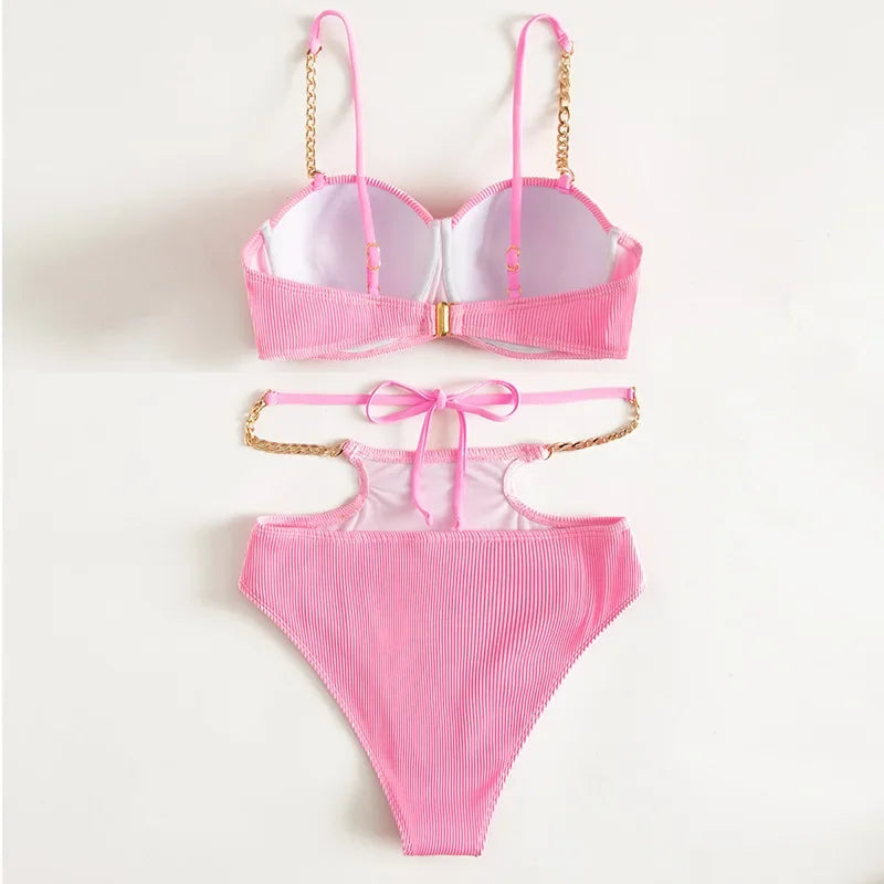 Pink High Waist Tankini Bikini Set