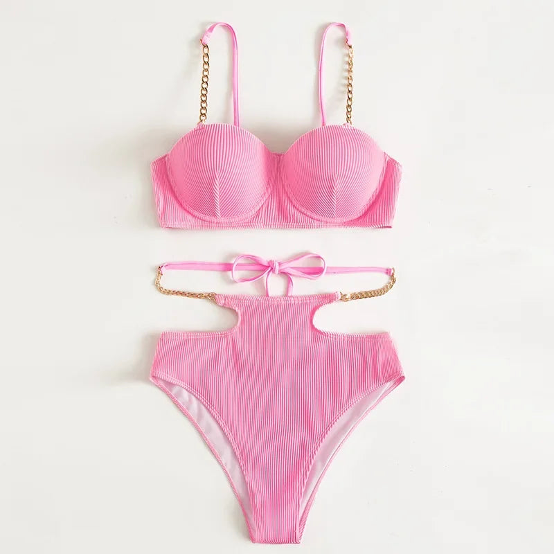 Pink High Waist Tankini Bikini Set