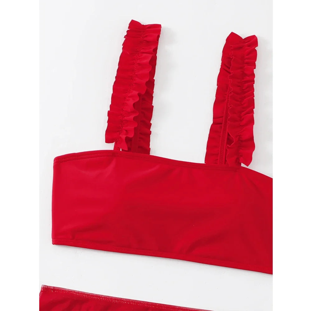 Red Swimsuit High Waist Skirt Three-Piece Bikini Ruffle Suspender Chest Wrap Swimwear Beach Bathing Suit