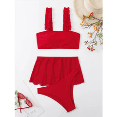 Red Swimsuit High Waist Skirt Three-Piece Bikini Ruffle Suspender Chest Wrap Swimwear Beach Bathing Suit